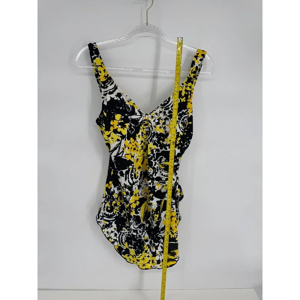 Maxine of Hollywood Womens Sz 16 Yellow Black Floral V-Neck Faux Wrap Swimsuit